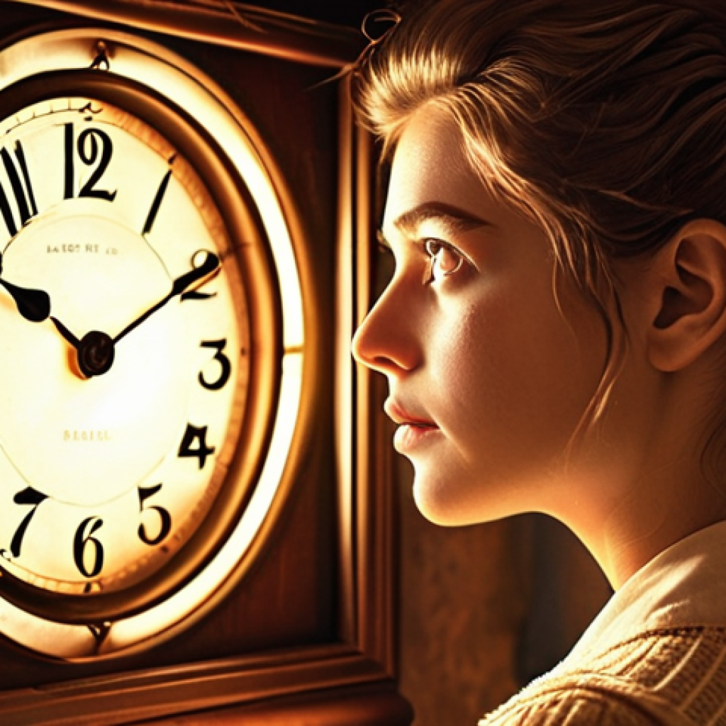 **Prompt:** Nostalgic scene. A woman with bright, expressive eyes looking back through time, surrounded by faded memories and glowing light. Soft, warm colors. Emphasize the emotion of love, loss, and sacrifice. Add a subtle fantasy element to represent the time travel aspect.