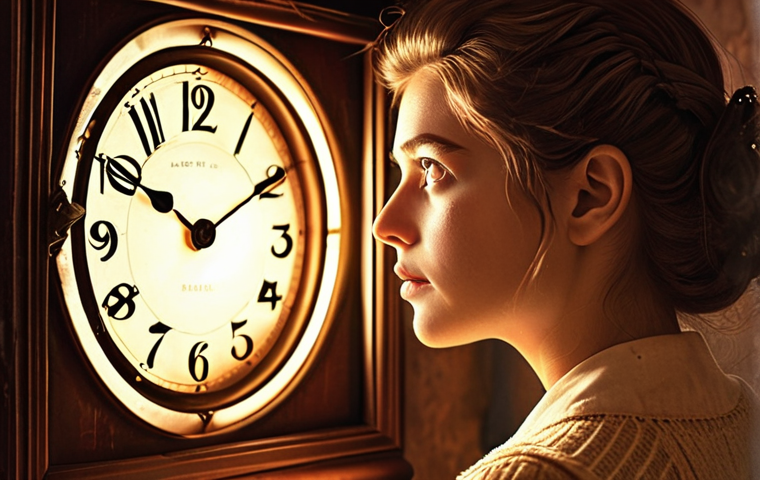 **Prompt:** Nostalgic scene. A woman with bright, expressive eyes looking back through time, surrounded by faded memories and glowing light. Soft, warm colors. Emphasize the emotion of love, loss, and sacrifice. Add a subtle fantasy element to represent the time travel aspect.