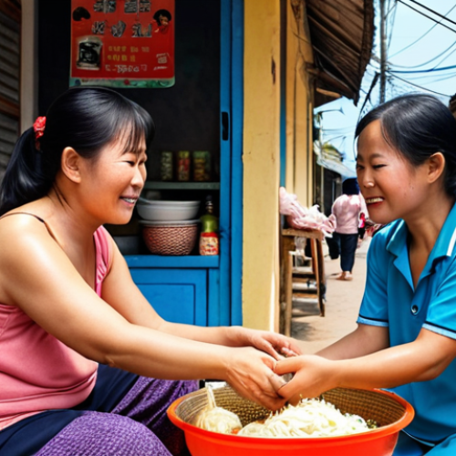 **A heartwarming scene in a small coastal town in Vietnam. Dong Baek, a strong single mother with a determined expression, is working at her small street food stall (quán nhậu). She's interacting with friendly locals; warm sunlight bathes the scene, highlighting the close-knit community atmosphere. Focus on the emotional connection and resilience.**