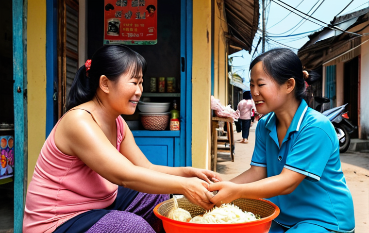 **A heartwarming scene in a small coastal town in Vietnam. Dong Baek, a strong single mother with a determined expression, is working at her small street food stall (quán nhậu). She's interacting with friendly locals; warm sunlight bathes the scene, highlighting the close-knit community atmosphere. Focus on the emotional connection and resilience.**